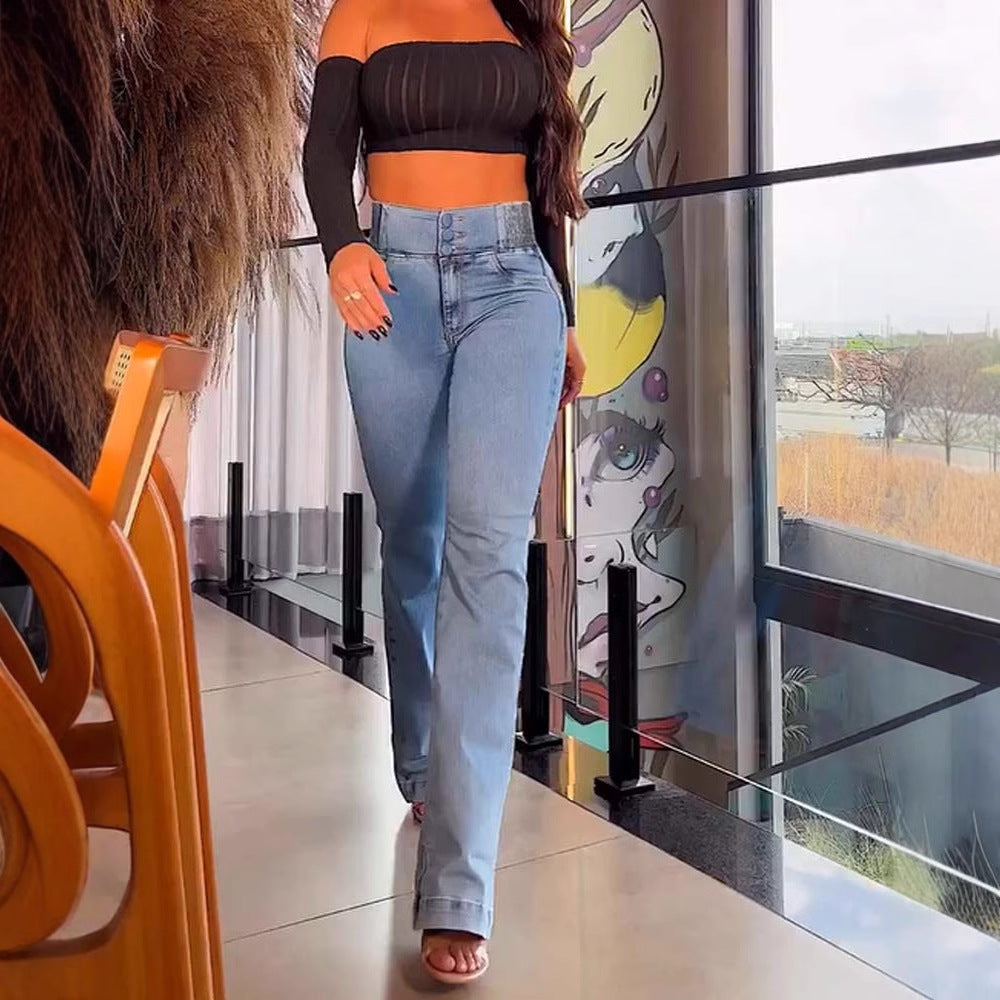 Vaquero Largo Acampanado Cintura Alta Efecto Desteñido Denim Algodón Mujer