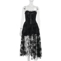 Vestido Largo Malla Oscura Gótica Un Hombro Slim Fit Negro Semitransparente