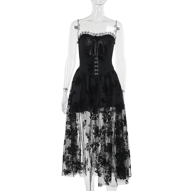 Vestido Largo Malla Oscura Gótica Un Hombro Slim Fit Negro Semitransparente