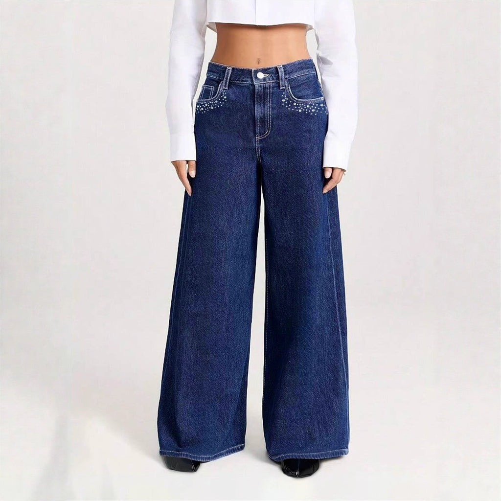 Vaquero Largo Pierna Ancha Talle Medio Strass Bolsillo Denim Lavado Casual Mujer