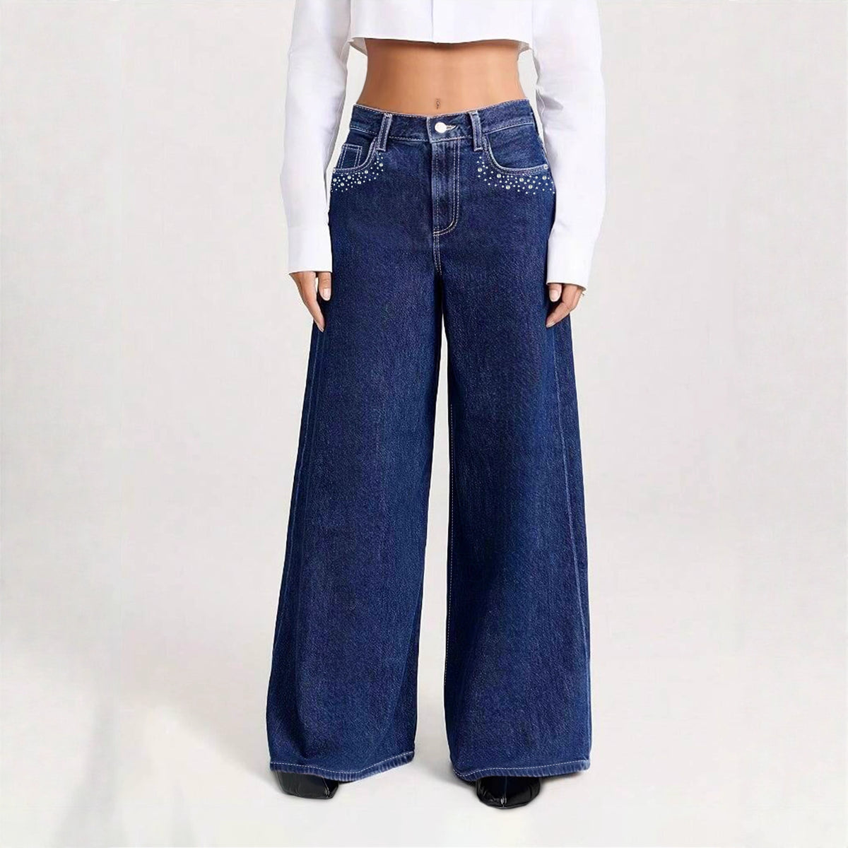 Vaquero Largo Pierna Ancha Talle Medio Strass Bolsillo Denim Lavado Casual Mujer