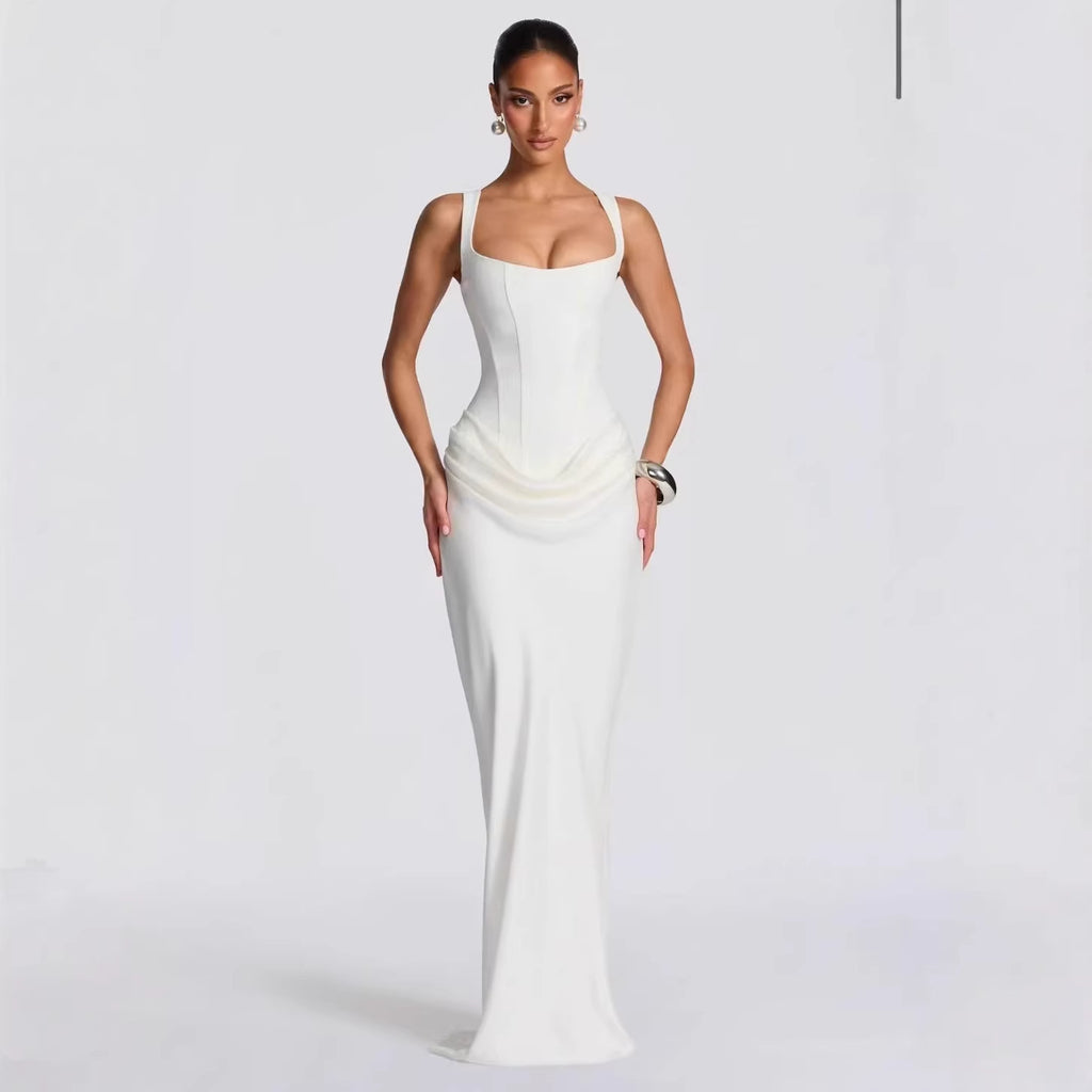 Vestido Largo Satén Sin Tirantes Ballenas Escote V Profundo Cruzado Ajustado Drapeado Elegante Noche Banquete Mujer Blanco Burdeos