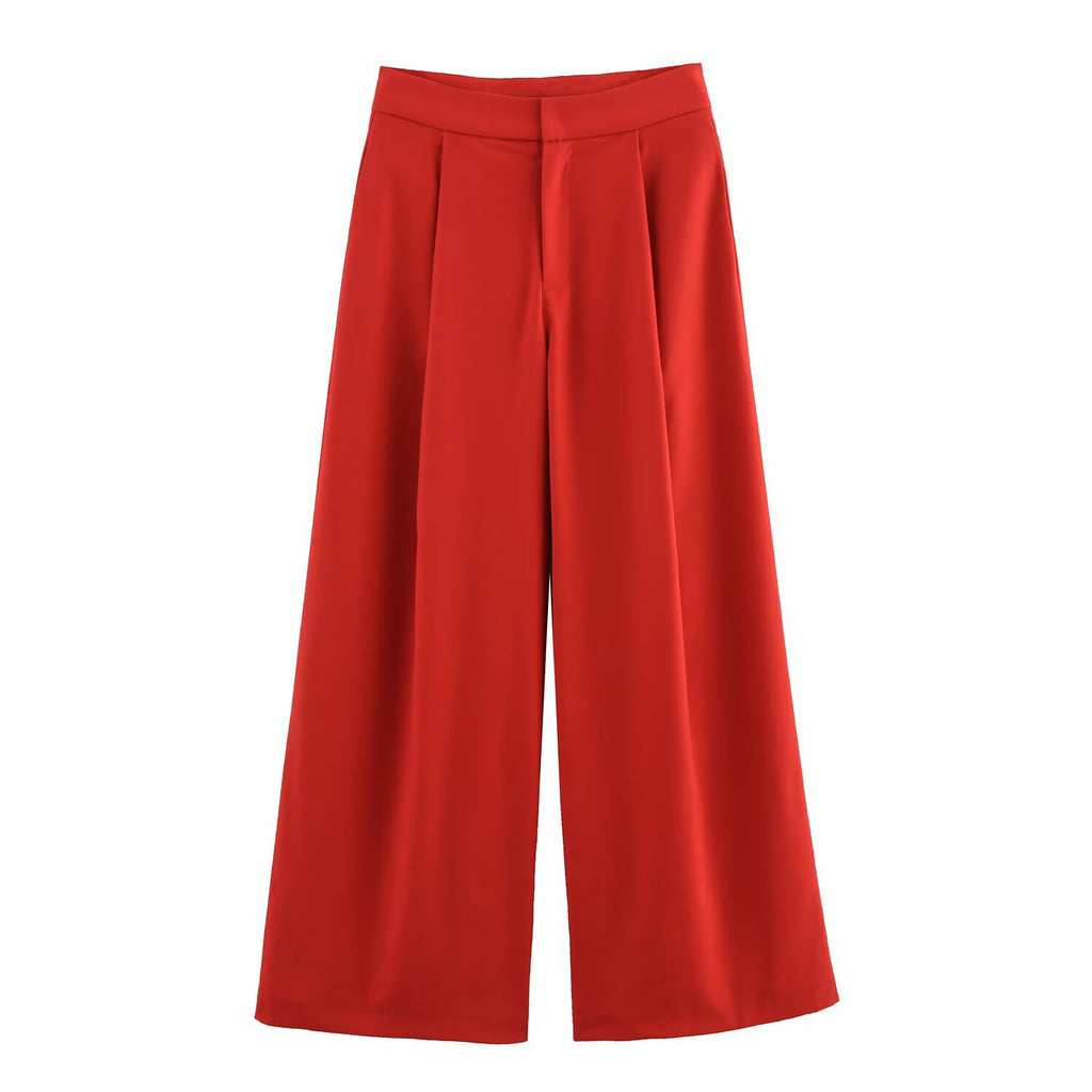 Conjunto Dos Piezas Top Sin Tirantes Hebilla Pantalón Amplio Plisado Poliéster Casual Mujer Rojo