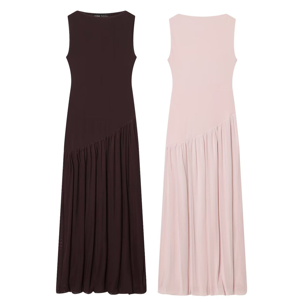 Vestido Largo Sin Mangas de Seda con Malla y Empalme Cuello Redondo Mujer