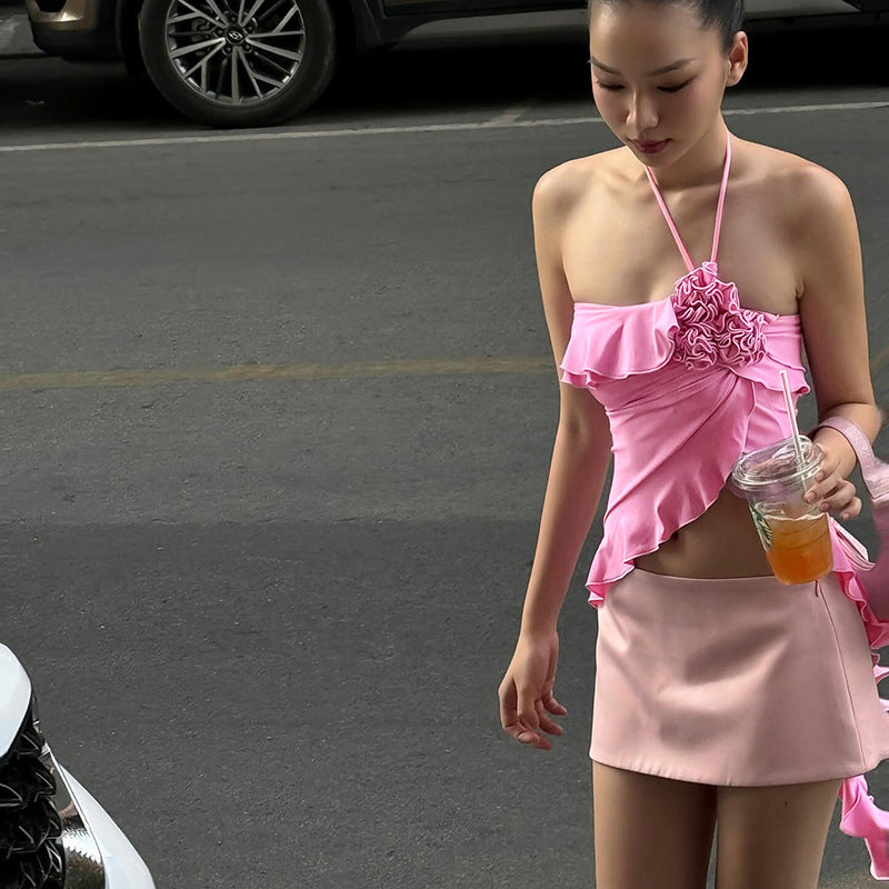 Versatile neck hanging ribbon flower top for women