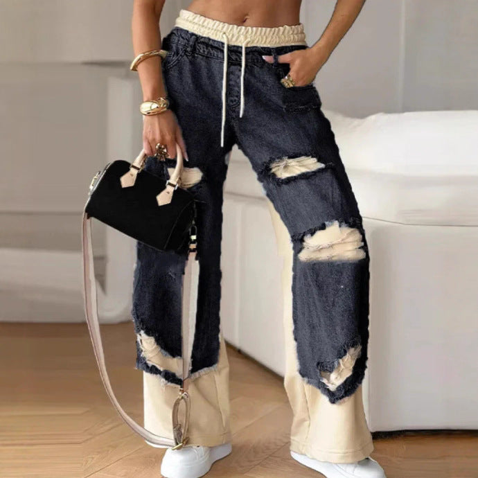 Pantalón Pierna Ancha Cintura Alta Patchwork Roto Lazo Streetwear Mujer Tallas Grandes