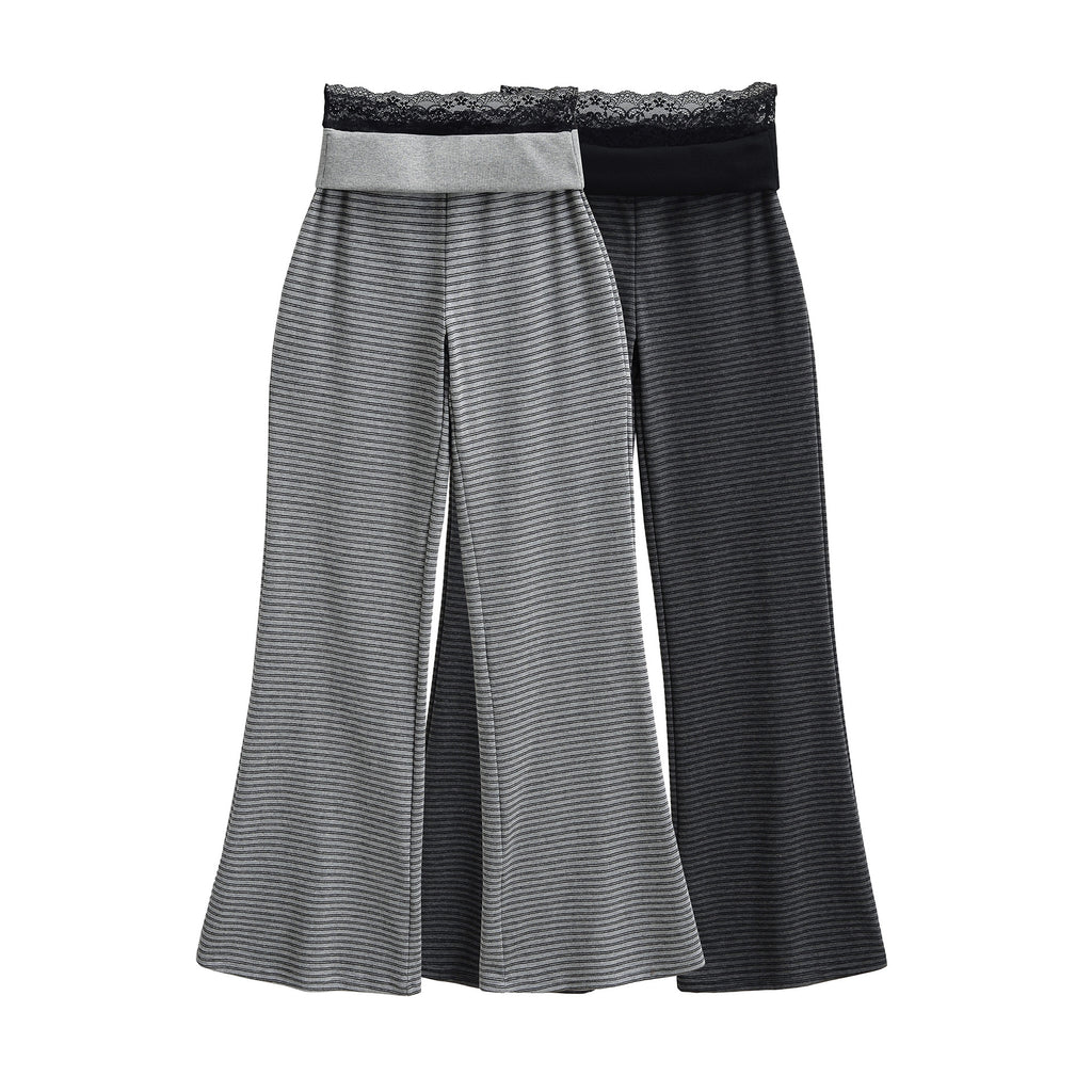 Pantalón Recto Largo Cintura Ancha Encaje Empalme Casual Gris Mujer