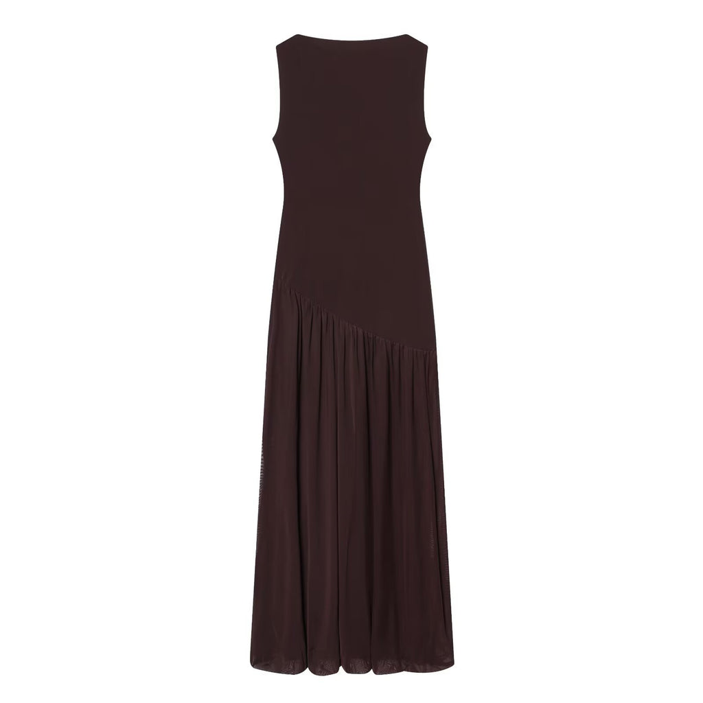 Vestido Largo Sin Mangas de Seda con Malla y Empalme Cuello Redondo Mujer