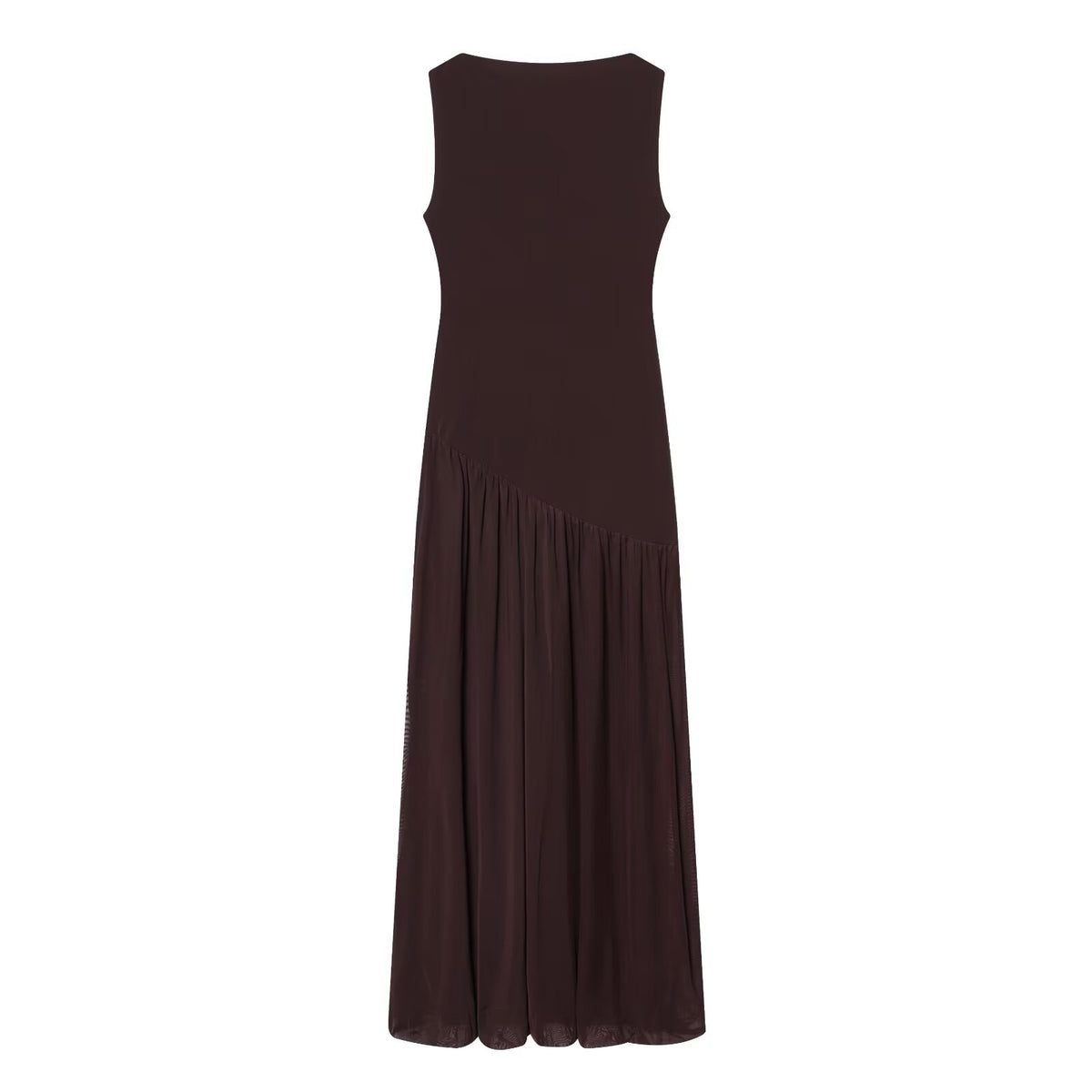 Vestido Largo Sin Mangas de Seda con Malla y Empalme Cuello Redondo Mujer