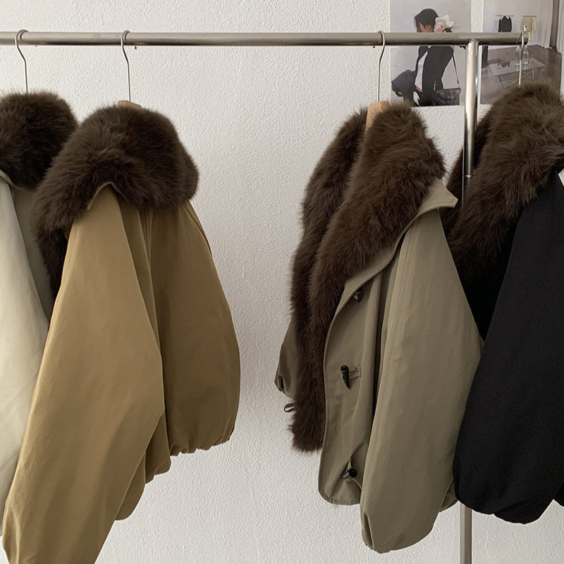 Parka Poliéster Holgada Cuello Pelo Sintético Zorro Desmontable Manga Raglán Gruesa Retro Talla Única Mujer Albaricoque Verde Militar Camel Negro