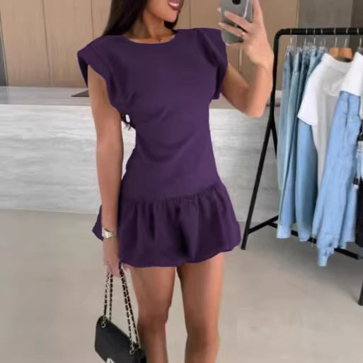 Chic Solid Color Short Sleeve Ruffle Dress for Women  Fashion Dress