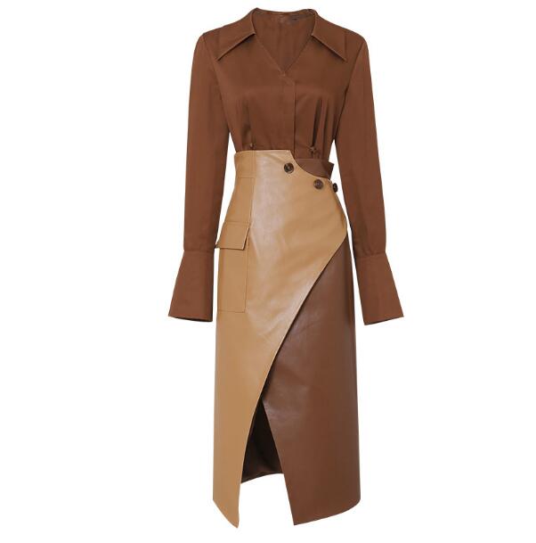 New Women's Fashion Temperament Two-Piece Brown Shirt Shirt PU Leather Skirt Long Skirt Skirt Suit