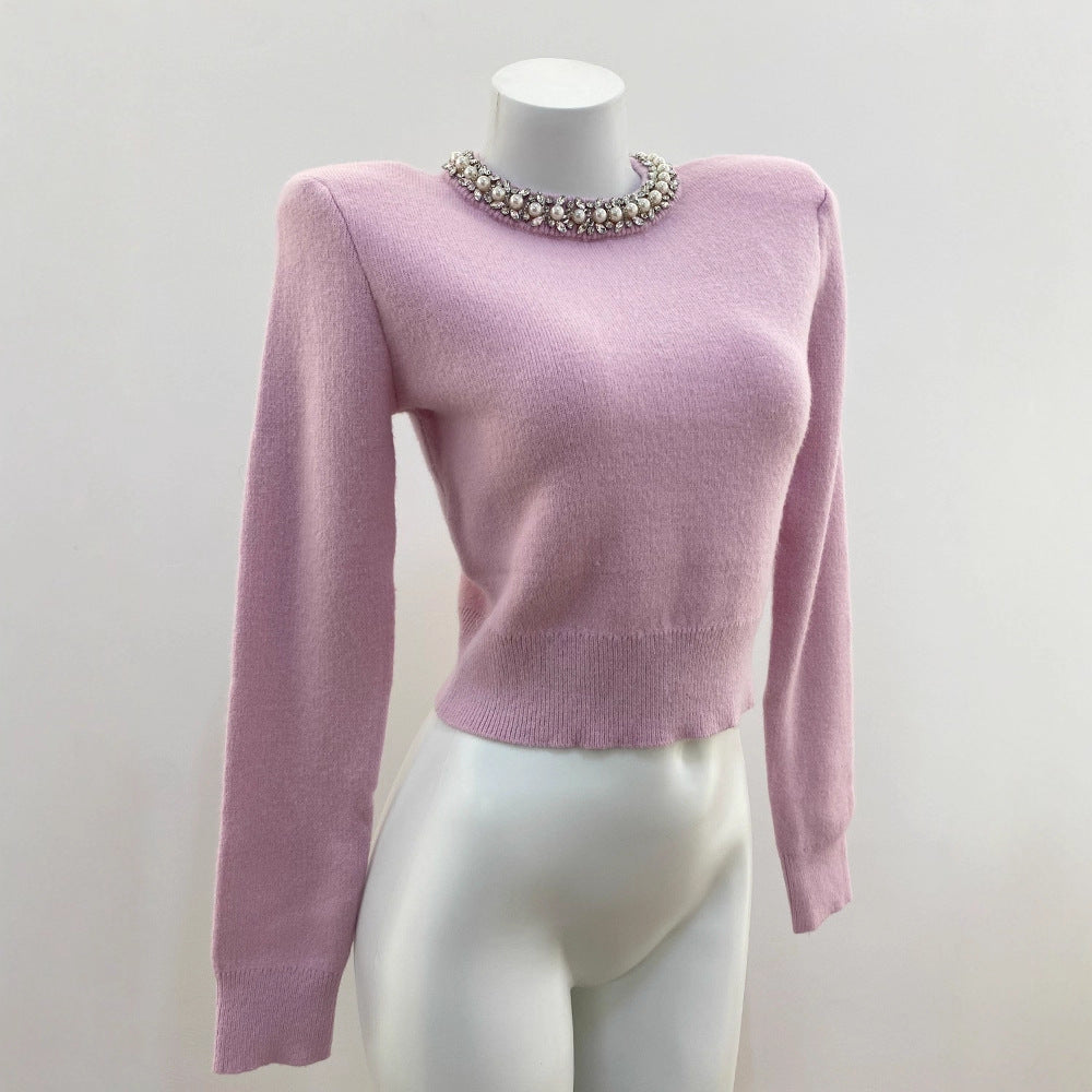 Chic Pearl and Rhinestone Embellished Round Neck French Sweet Girl Style Versatile Knit Sweater for Women