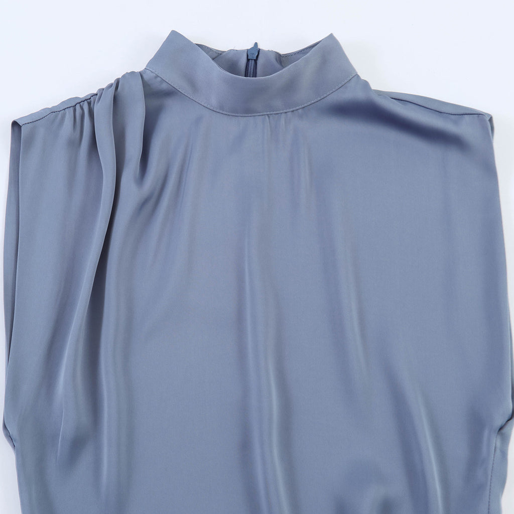 Blusa Azul Satinada con Encaje sin Mangas