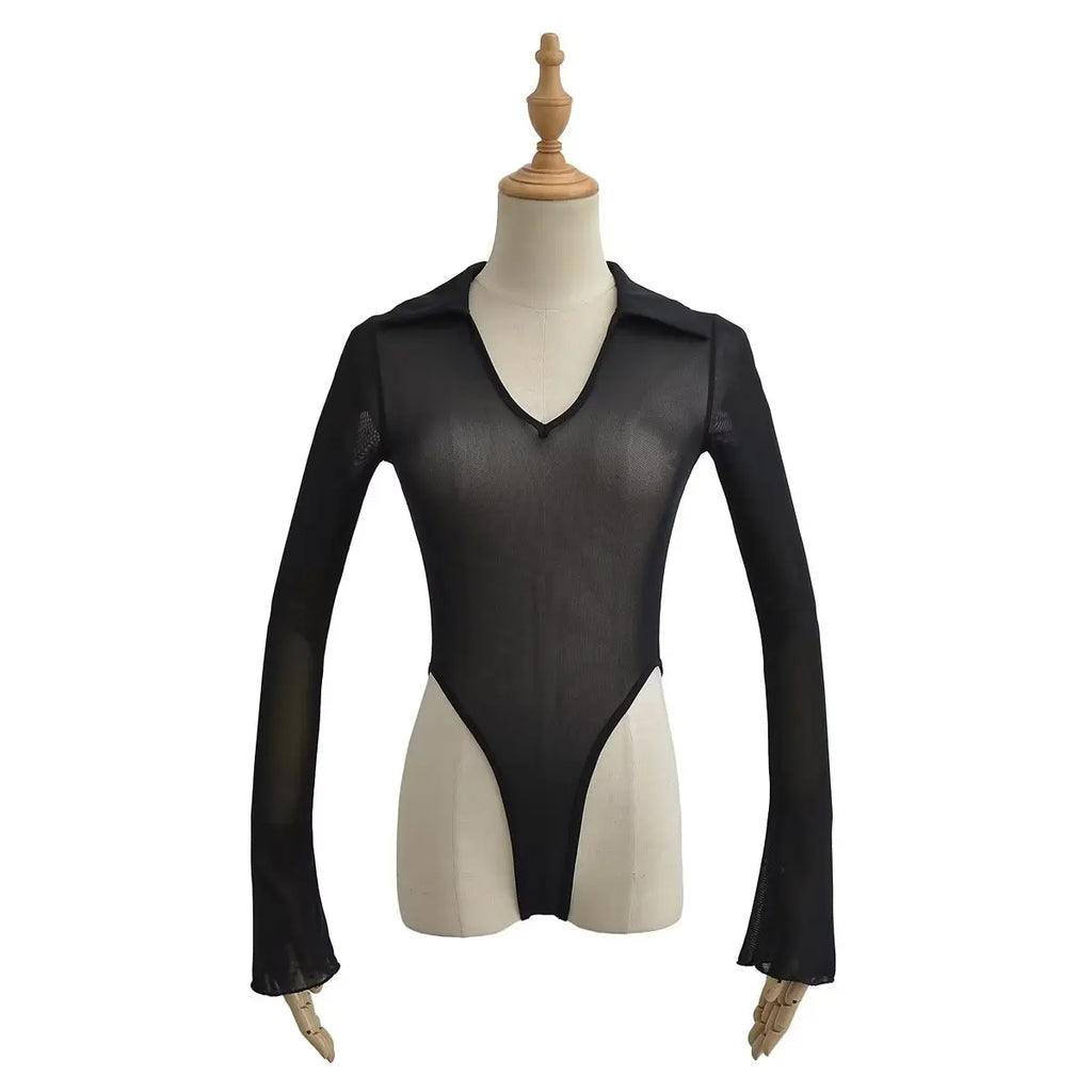 Women Sexy Mesh Flare Sleeve Black Bodysuits Perspective Elastic Slim Jumpsuits