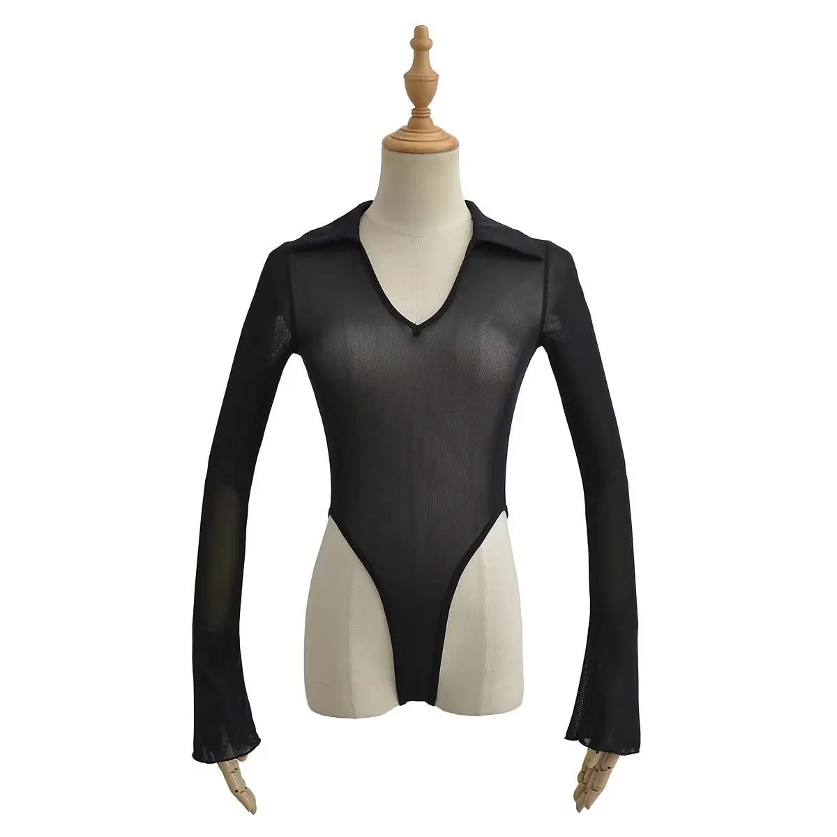 Women Sexy Mesh Flare Sleeve Black Bodysuits Perspective Elastic Slim Jumpsuits
