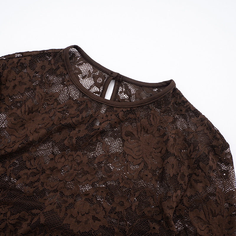 Vestido Largo Tipo Lápiz Manga Larga Encaje Patchwork Cuello Cuadrado