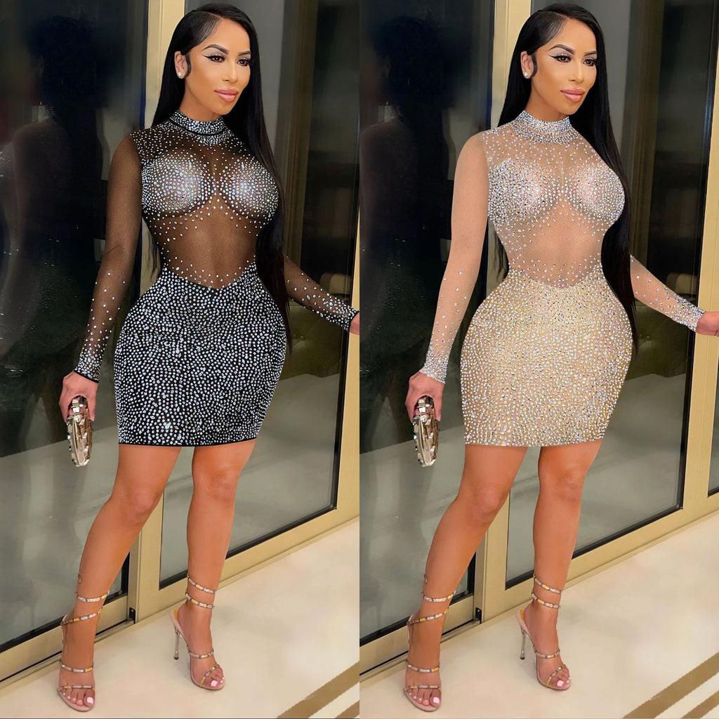 Vestido Sexy de manga larga con pedrería y transparente