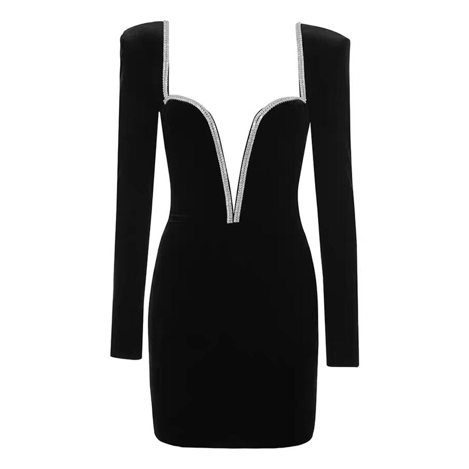 Vestido Mini Ajustado Manga Larga Escote V Profundo con Diamantes Fiesta Mujer