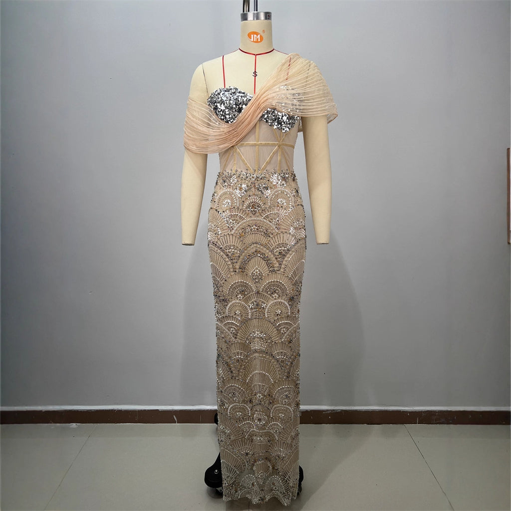 Vestido Largo Bodycon Un Hombro Sin Mangas Malla Empalmada Lentejuelas Sexy Elegante Fiesta Mujer Albaricoque