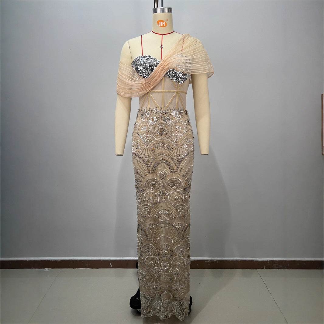 Vestido Largo Bodycon Un Hombro Sin Mangas Malla Empalmada Lentejuelas Sexy Elegante Fiesta Mujer Albaricoque