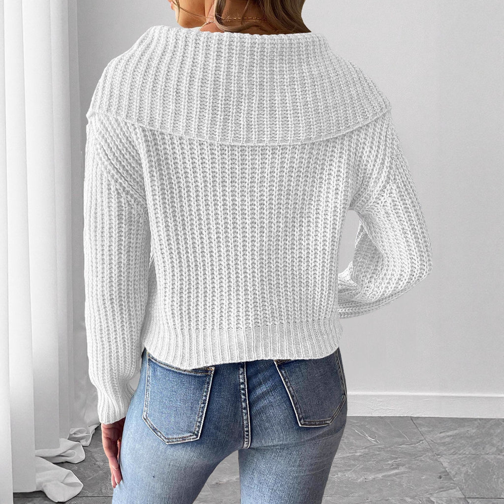 Women's Short Knit Sweater with Large Turn-Down Collar and Bow Detail