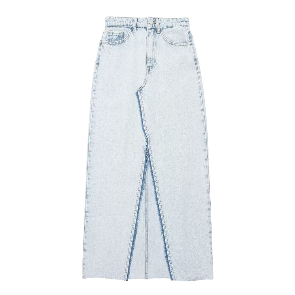 Falda Larga Vaquera Asimétrica Abertura Frontal Borde Deshilachado Denim Lavado Coreano Chic Mujer
