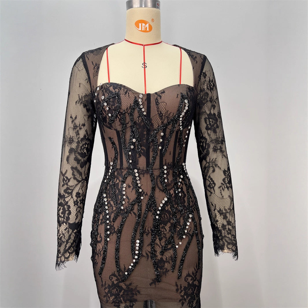 Vestido Largo Encaje Manga Tres Cuartos Escote V Ajustado Bordado Elaborado Elegante Fiesta Noche Mujer Negro
