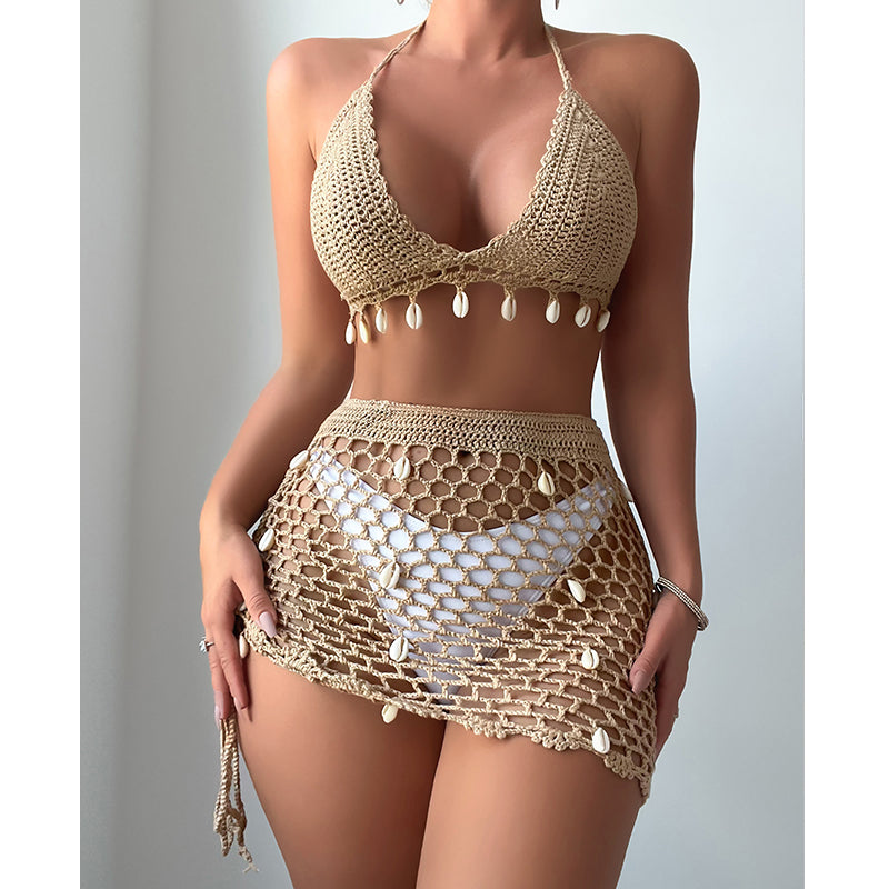 Beach holiday hand hook shell hollow sexy hanging neck strap beach swimsuit bikini set