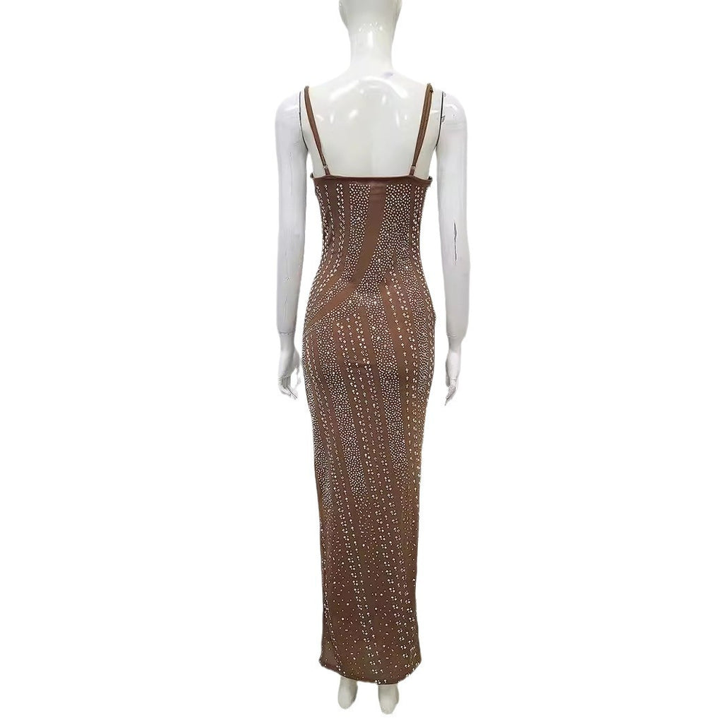 Vestido Tirantes Escote Pronunciado Abertura Alta Diamantes Perlas Light Luxury Fiesta Noche Mujer Camel