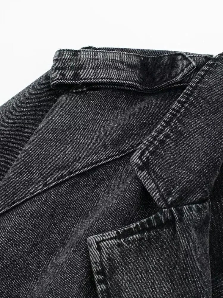 Chaqueta Vaquera Corta Denim Algodón Cinturón Manga Larga Solapa Bomber Streetwear Otoño Mujer