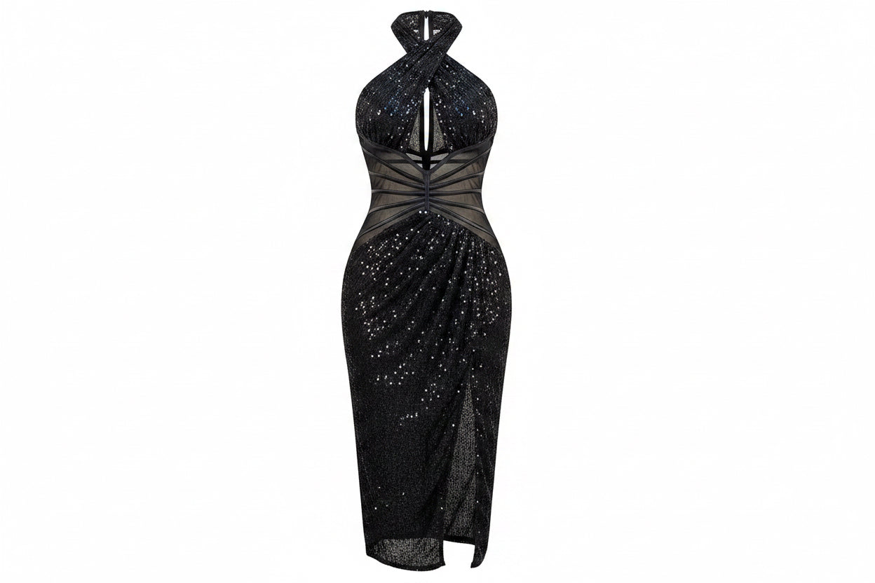 Vestido de Fiesta con Lentejuelas y Cuello Halter, Sexy, Irregular