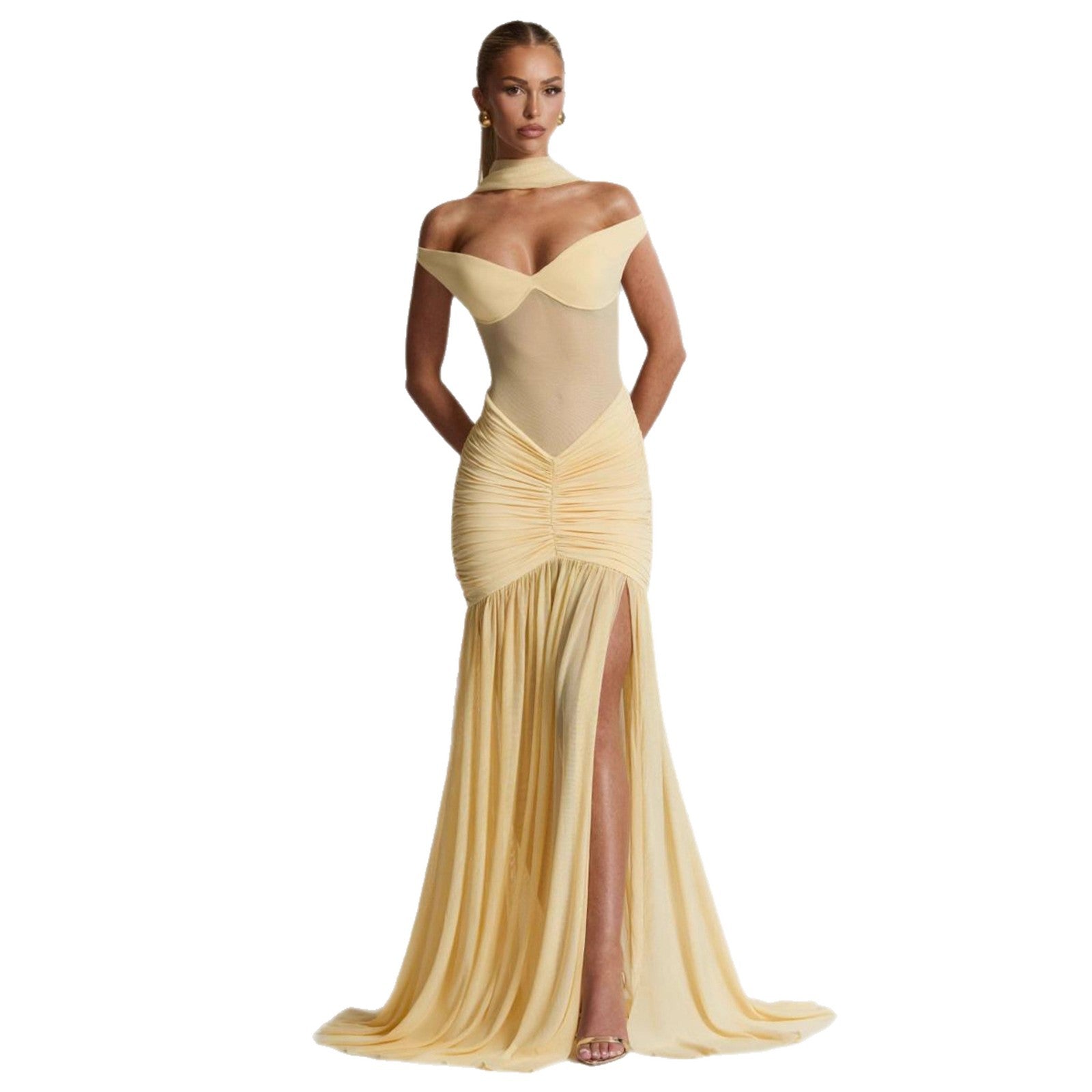 Off-shoulder asymmetrical evening dress with a slimming fitted mermaid silhouette