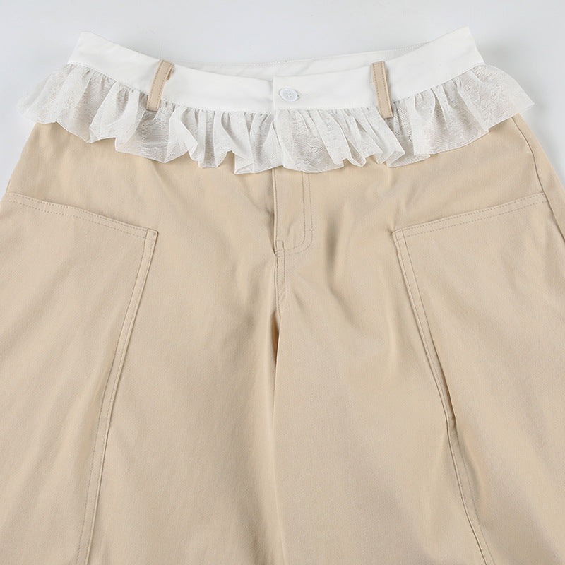 Pantalón Pierna Ancha Cintura Alta Encaje Empalme Retro Street Fashion Casual Caqui Mujer