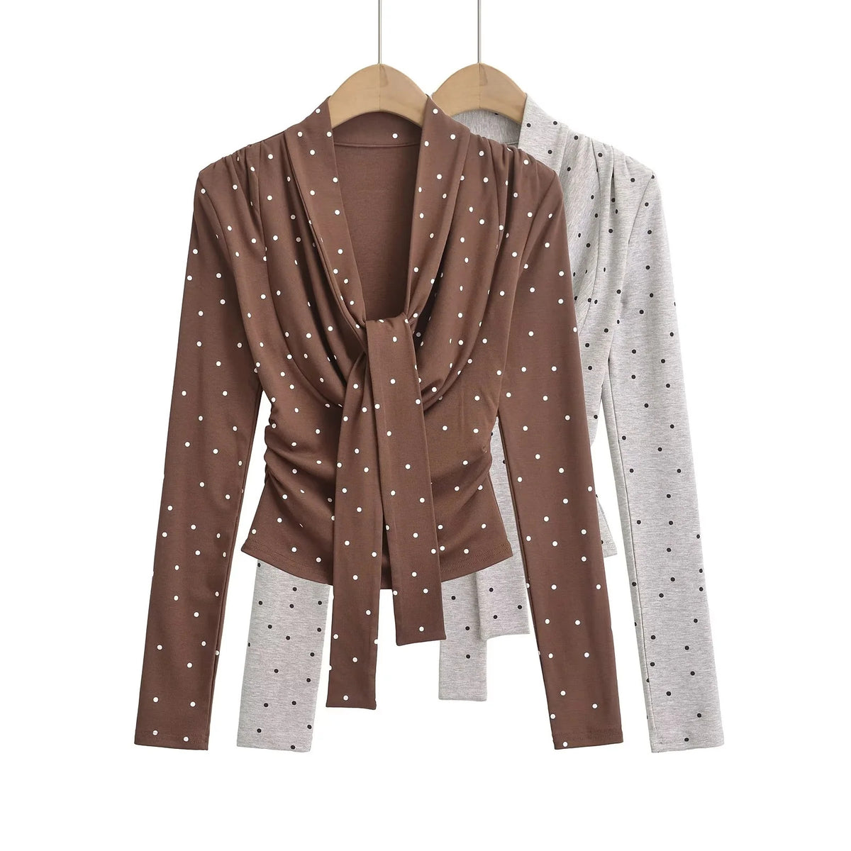 Blusa Manga Larga Lunares Cuello Lazo Slim Mujer