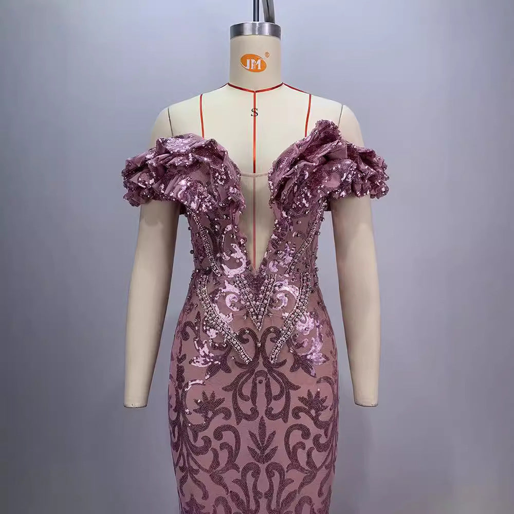 Vestido Largo Malla Manga Corta Escote V Slim Fit Abalorios Sexy Socialité Cremallera Mujer Rosa