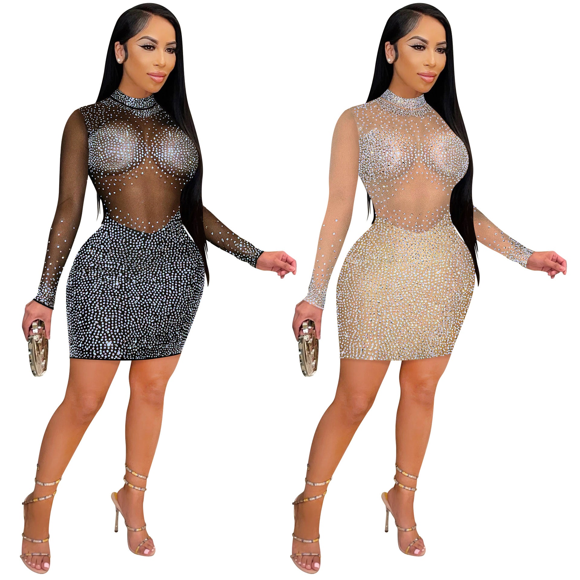 Vestido Sexy de manga larga con pedrería y transparente