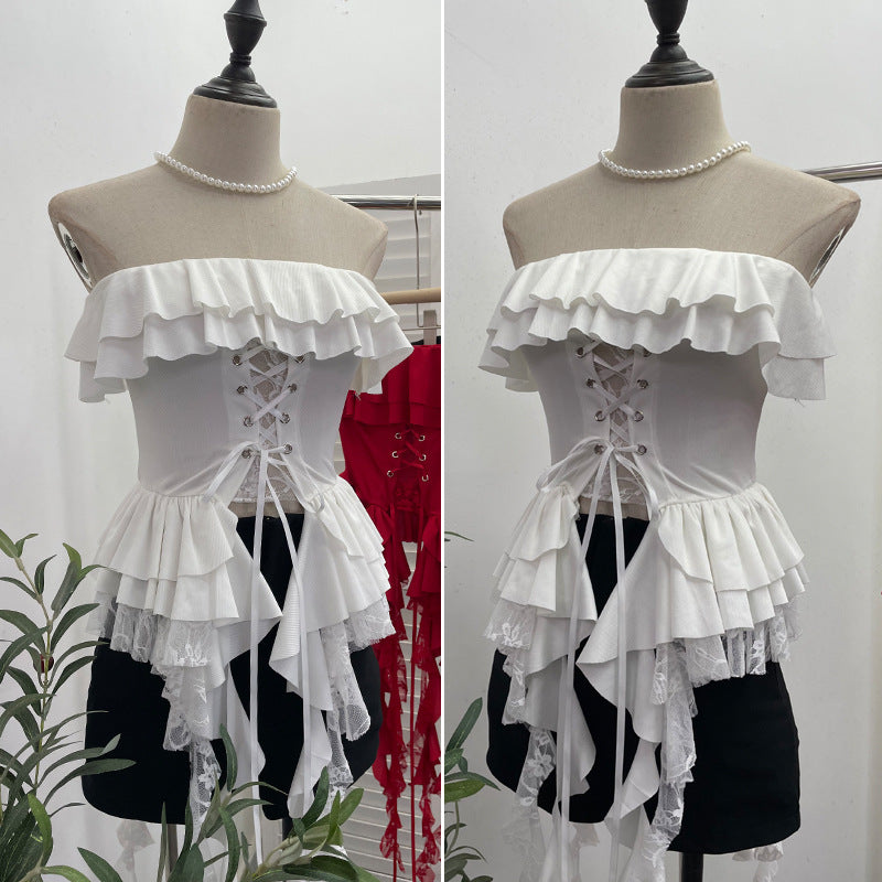 Lace strapless top with ruffled edges and lace patchwork