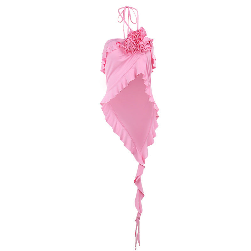 Versatile neck hanging ribbon flower top for women