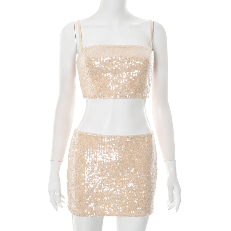 Conjunto Dos Piezas Top Tirantes Slim Fit Mini Falda Talle Bajo Poliéster Spandex Casual Sexy Verano Mujer Albaricoque Rosa