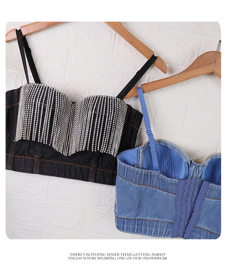 Top Vaquero Strapless Borlas Pedrería Celebrity Mujer