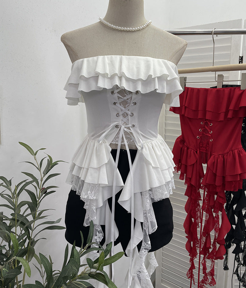 Lace strapless top with ruffled edges and lace patchwork