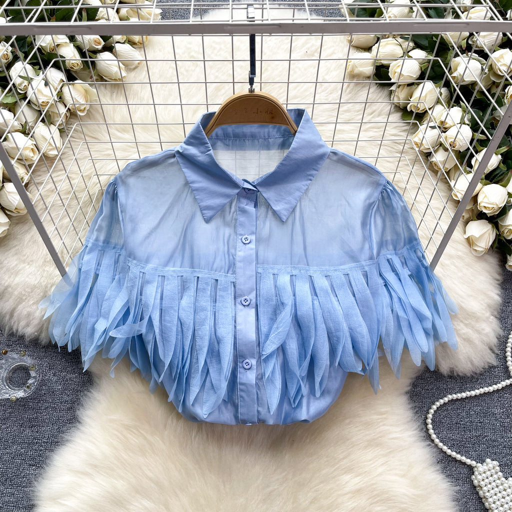 Top Sin Mangas Flecos Transparente Cuello Polo Holgado Mujer