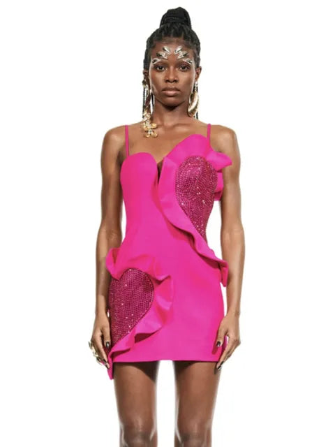 Vestido corto de verano para mujer con volantes sexis, corazón, diamantes de diseño, rosa, elegante para fiesta, club o noche.