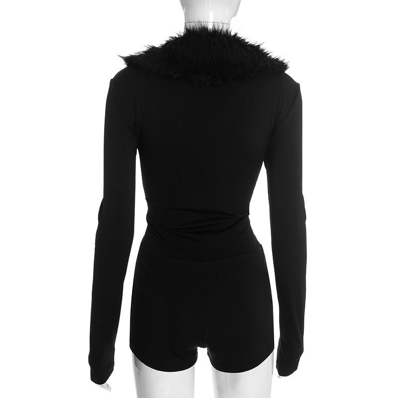 Mono Negro Gótico de Gata Pelo Sintético Manga Larga Slim Fit Street