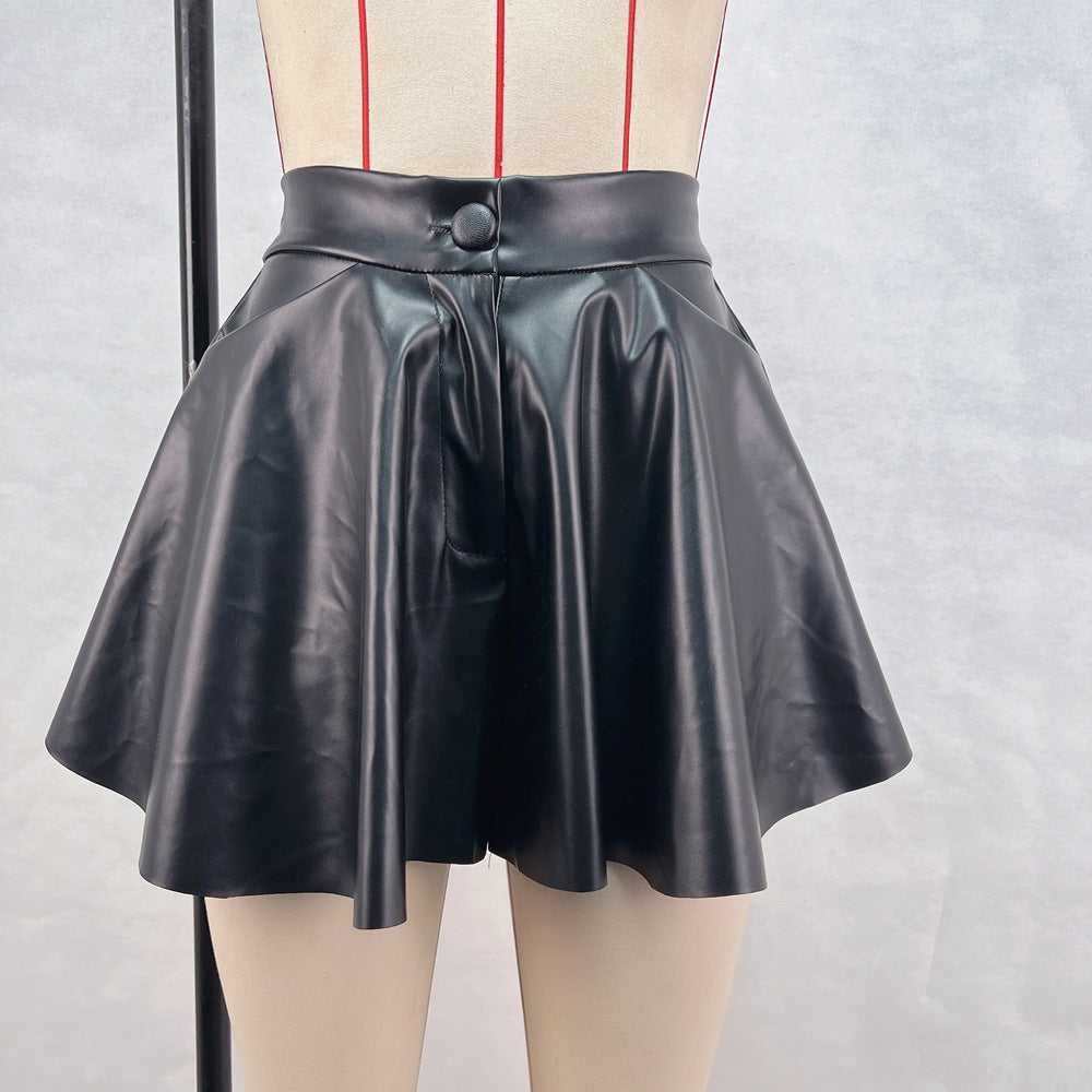 Mini Short Falda Pantalón Cuero Sintético PU Cintura Alta Ajustado Estilo Europeo Casual Mujer