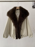 Parka Poliéster Holgada Cuello Pelo Sintético Zorro Desmontable Manga Raglán Gruesa Retro Talla Única Mujer Albaricoque Verde Militar Camel Negro