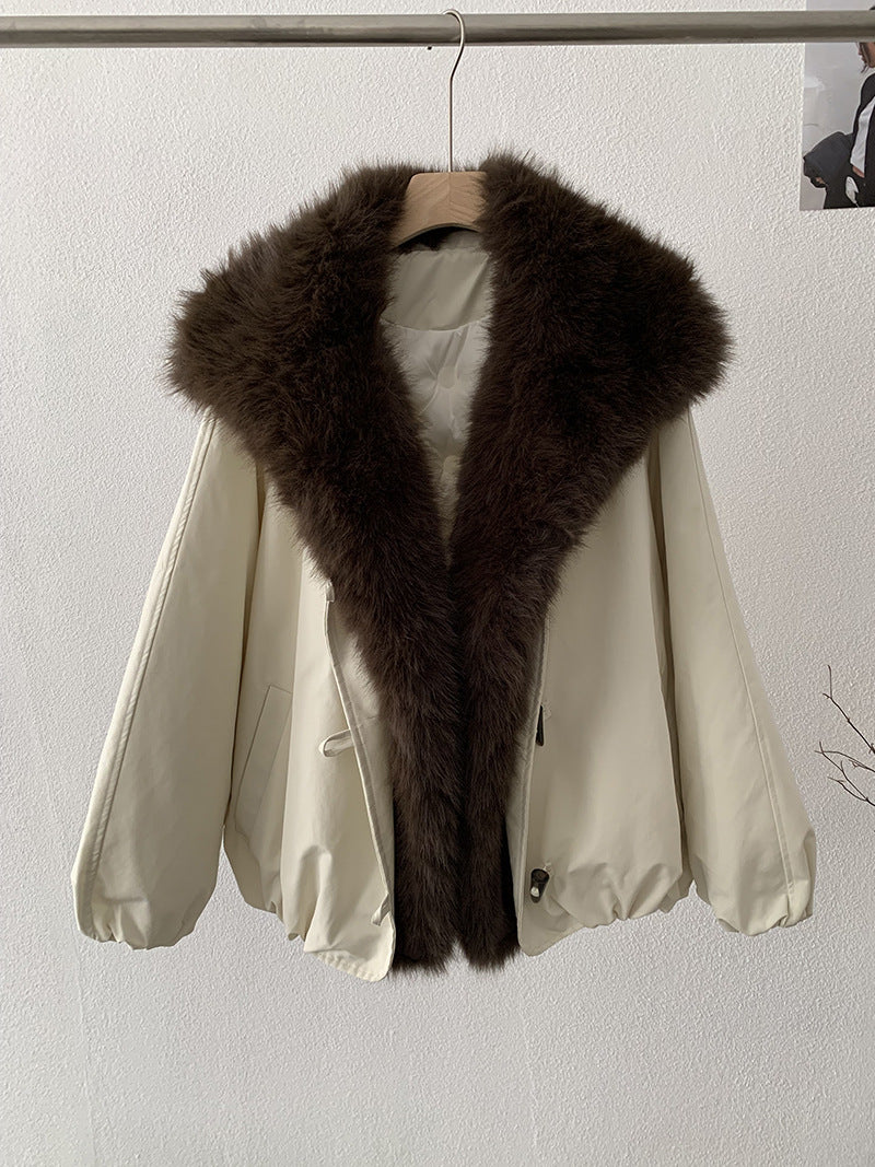 Parka Poliéster Holgada Cuello Pelo Sintético Zorro Desmontable Manga Raglán Gruesa Retro Talla Única Mujer Albaricoque Verde Militar Camel Negro