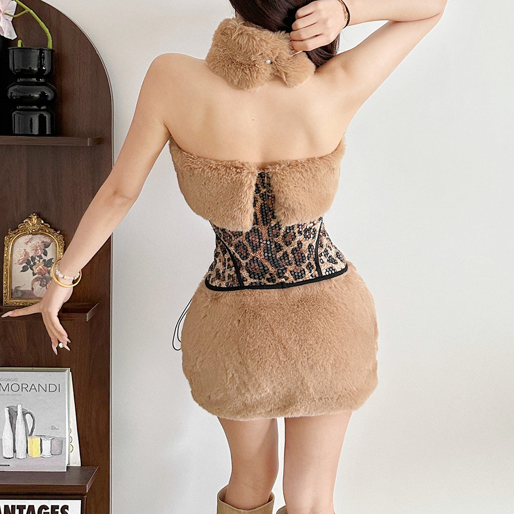 Faux Fur Patchwork Leopard Print Sequin Crop Top for Women