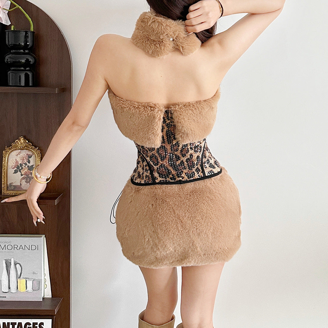 Faux Fur Patchwork Leopard Print Sequin Crop Top for Women